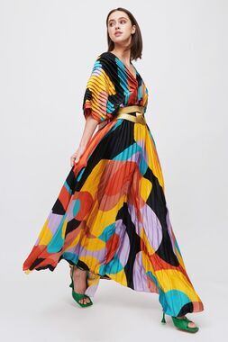 Hutch Abstract Geometric Pleated Maxi Dress Colorblock Kimono Sleeve XS